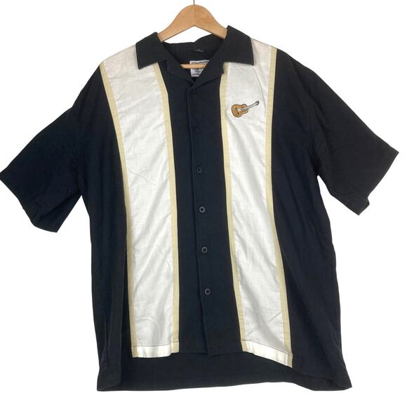 David Carey Bowling Shirt XL Black White Guitar Embroidery Hawaiian Retro Stripe - Picture 1 of 6